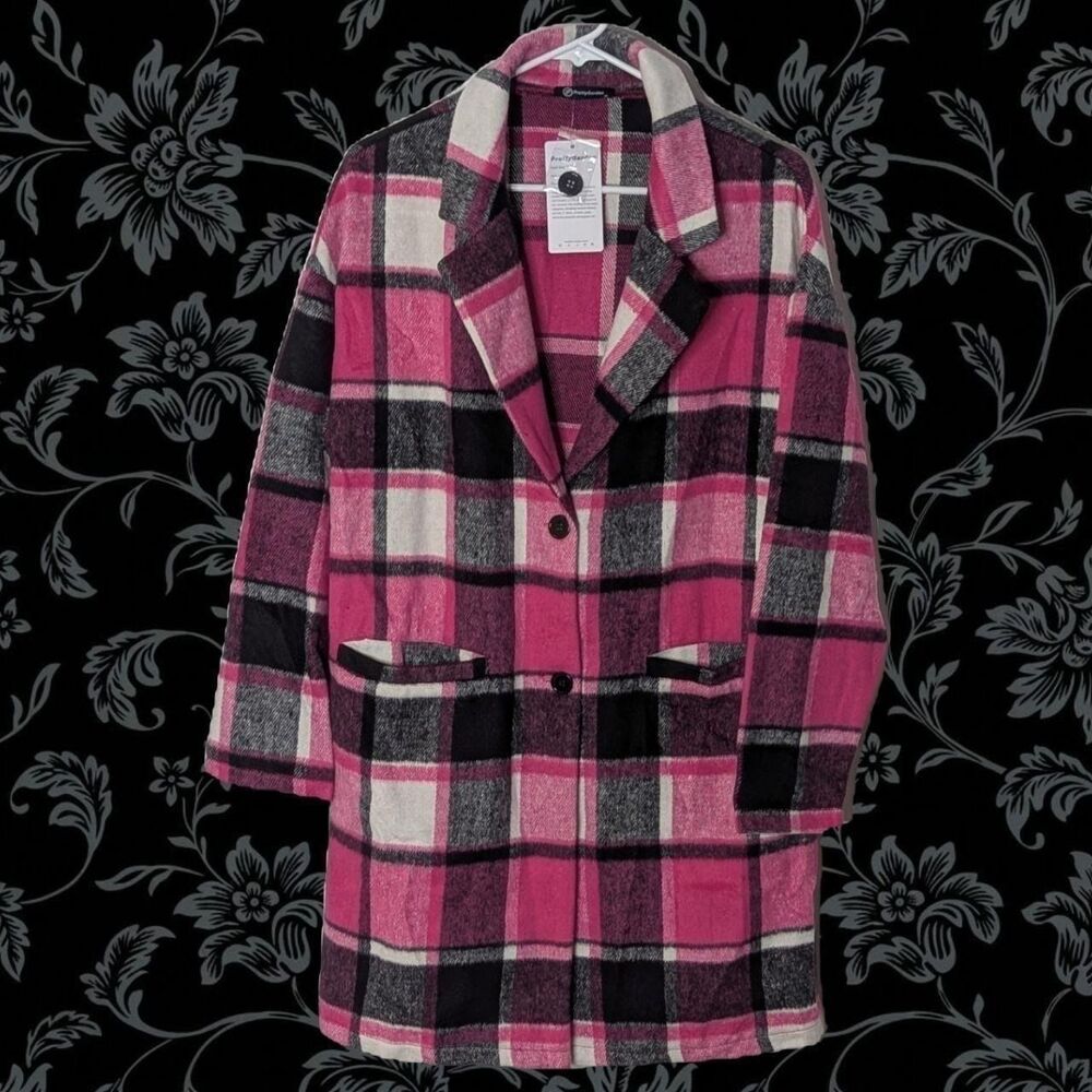 PRETTY GARDEN Plaid Jacket Casual Button Wool Blend Tartan Trench Coat